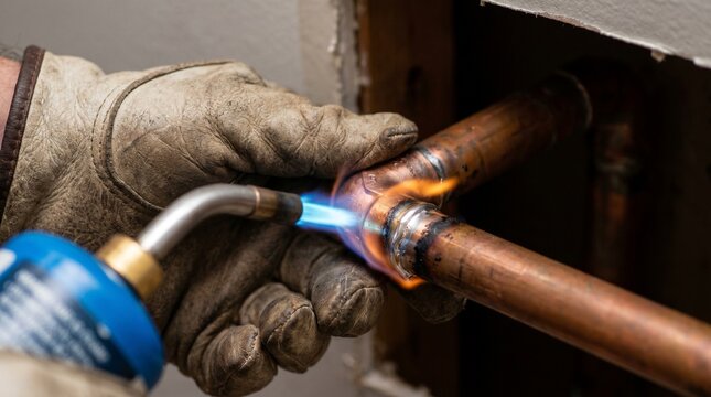 Close-up of a plumber's gloved hand using a torch to solder copper pipes during a plumbing repair or installation. Essential for home improvement projects.
