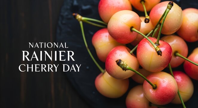 Fresh rainier cherries on dark surface for national rainier cherry day