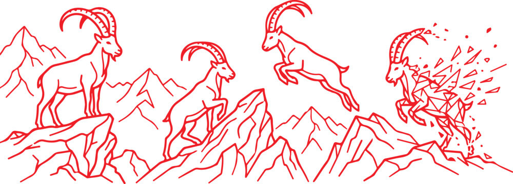 Red outline ibex mountain goats jumping across rocky peaks on transparent background.
