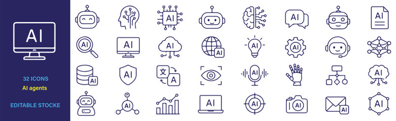 Artificial intelligence agents Icons Set –  AI, artificial, intelligence, agent, symbol, technology, automation, assistant and workflow premium modern outline vector collection. © MdShah