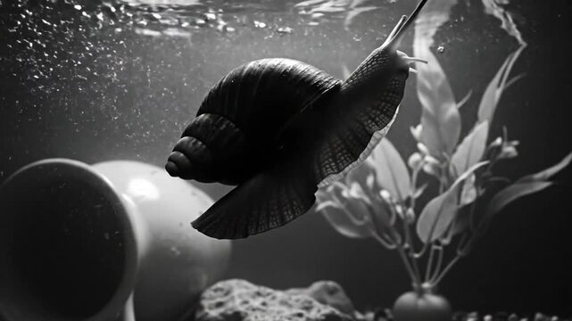Black and white underwater cinematic shot of a snail swimming in an aquarium with plants and bubbles