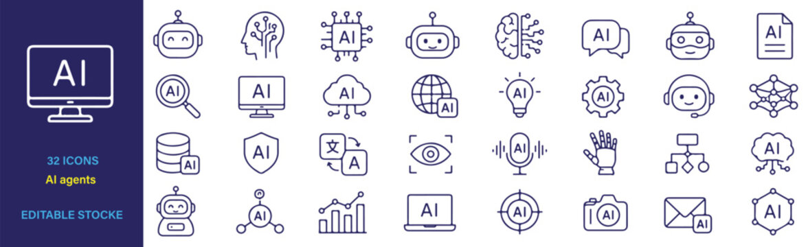 AI agents Icons Set &ndash; Premium Modern Outline Vector Collection for AI, artificial, intelligence, agent, symbol, technology, automation, assistant and workflow.