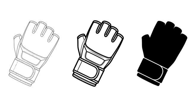 MMA Gloves Vector Icons, Mixed Martial Arts Fingerless Hand Protection, Combat Sports Equipment, Fighting Gear Set, Black and White Outline and Silhouette