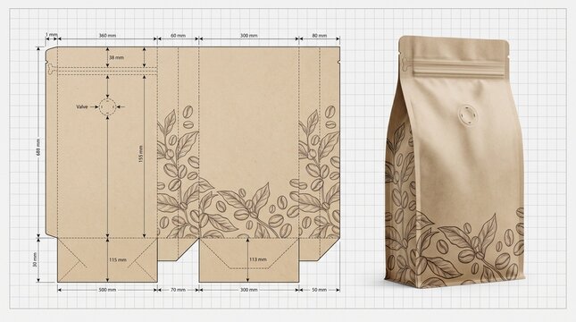 Kraft Coffee Pouch Packaging Dieline and 3D Mockup Template