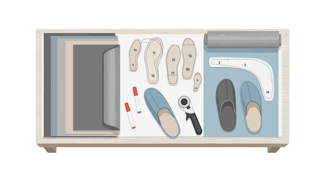 Top view of shoe pattern making with tools in sewing workshop