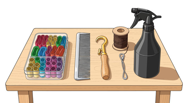 Grooming tools on wooden table with comb spray bottle curlers and clip