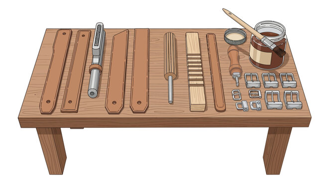 Woodworking tools and leather straps on workbench in detailed isometri