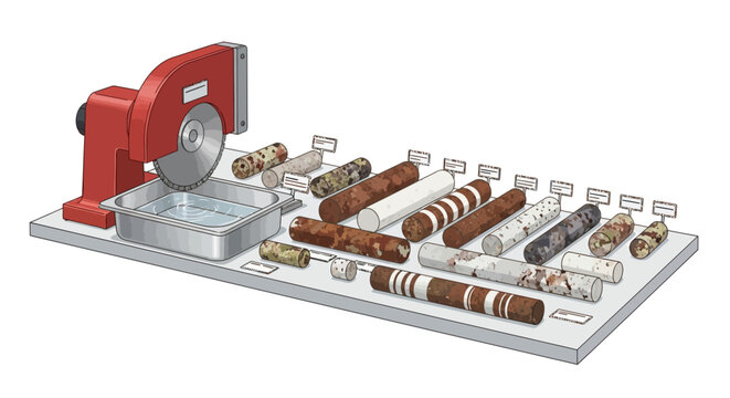 Geological core samples with rock cutting machine in laboratory equipm