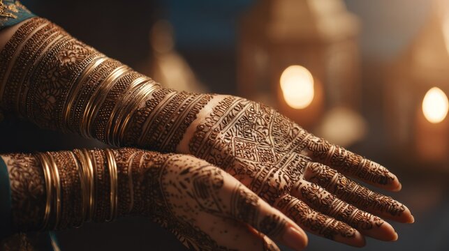 Ornate temporary skin decoration covers the hands and forearms adorned with numerous golden bracelets