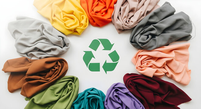 Eco friendly textile recycling concept with colorful fabric swatches