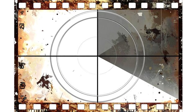 A vintage film countdown frame with a weathered appearance. It features a circular design divided into quadrants and a grayscale gradient