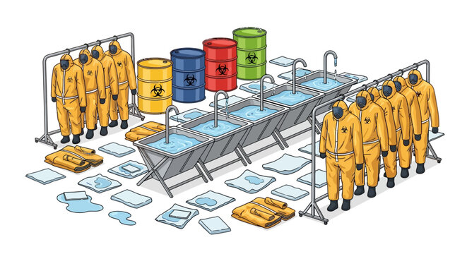 Isometric decontamination station with hazmat suits and biohazard barr