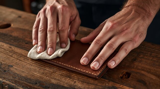 Close-up of craftsman's bare hands polishing a brown leather wallet with a cloth