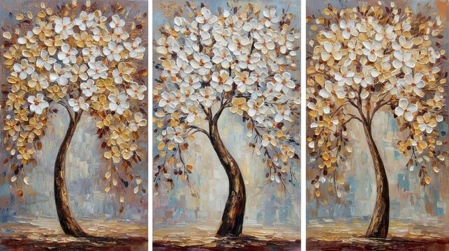 Three stylized trees adorned with thick impasto blossoms stand against a textured backdrop