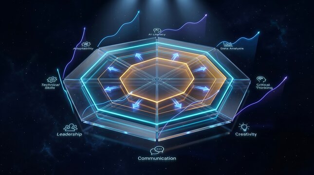 Futuristic glassmorphism workforce development dashboard showing radar chart skill gap analysis, AI literacy, leadership and technical skills comparison with future demand forecast and learning pathwa