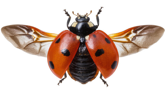 Ladybug with open wings showing delicate veins and orange spotted elytra