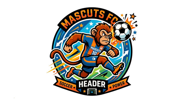 Monkey Kicking Soccer Ball in Blue Jersey with Orange Accents in a Circular Emblem