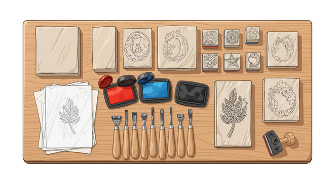 Engraving tools and stamps on wooden table for artistic design project