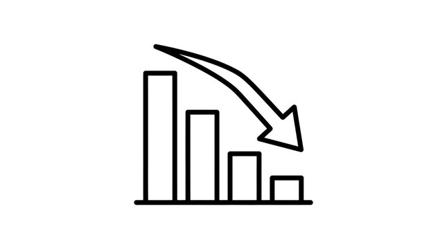 Linear black and white declining bar chart with downward arrow