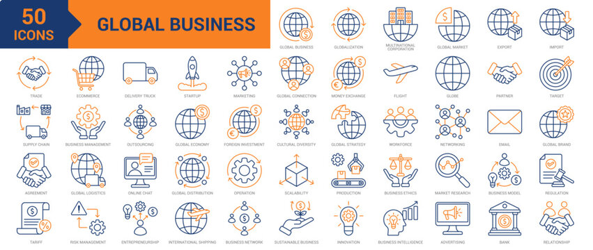 Global Business colored line icon collection set. Containing globalization, global market, supply chain, global economy, global logistics, global distribution, global business icons