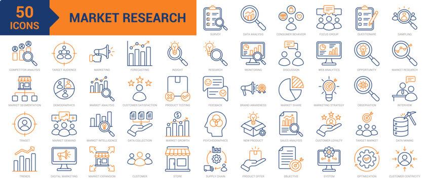Market Research colored line icon collection set. Containing market analysis, consumer behavior, data analysis, web analytics, market intelligence, customer loyalty, survey, market research icons
