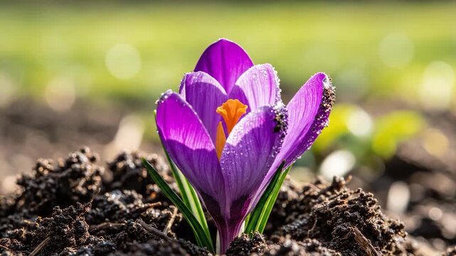 Purple crocus flower bud emerging from dark garden soil under bright sunlight during early spring