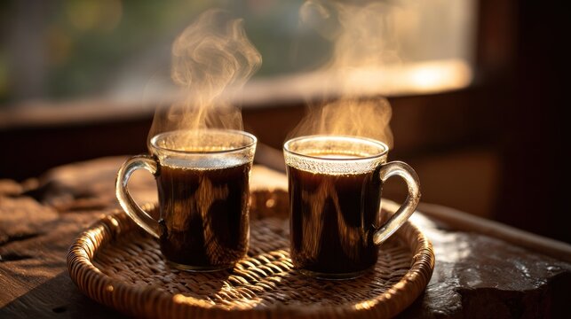 Two glass mugs filled with hot, steaming dark beverage rest upon a woven tray in warm light.