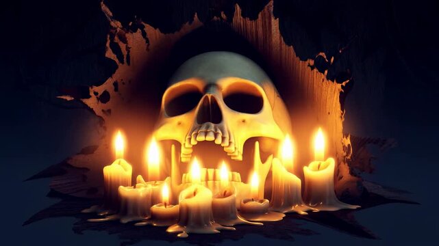 Human skull surrounded by melting candles in dark dramatic light