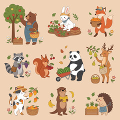 Fototapeta premium Cute cartoon animals harvesting fruits and vegetables in a charming garden setting, perfect for children's illustrations and educational content.