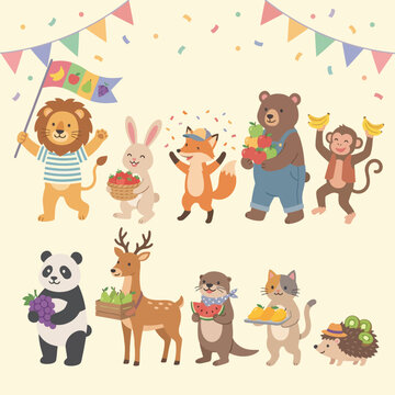 Cute cartoon animals celebrating a fruit festival with banners and confetti, featuring a lion, rabbit, fox, bear, monkey, panda, deer, otter, cat, and hedgehog.