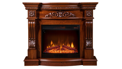Ornate wooden electric fireplace with glowing logs and flames © Niklas