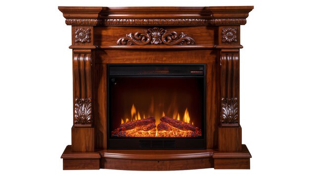 Ornate wooden electric fireplace with glowing logs and flames