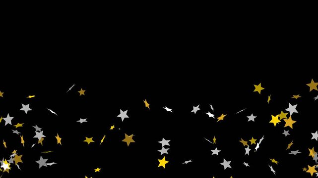 Metallic star confetti pieces in gold and silver tumbling down from top on black background for festive party celebration and anniversary overlay.