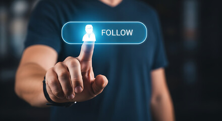 Obraz premium Hand pressing glowing follow button on digital interface with futuristic technology background