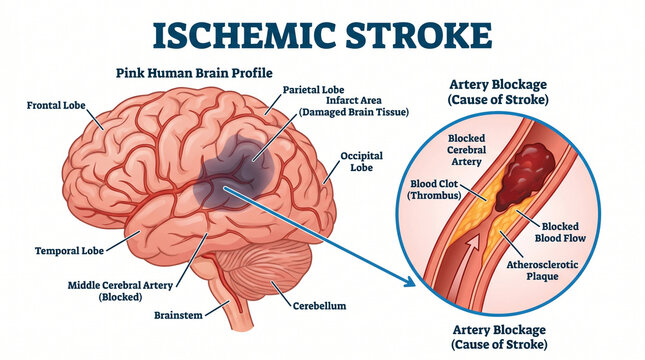 Human brain anatomy diagram showing ischemic stroke and artery