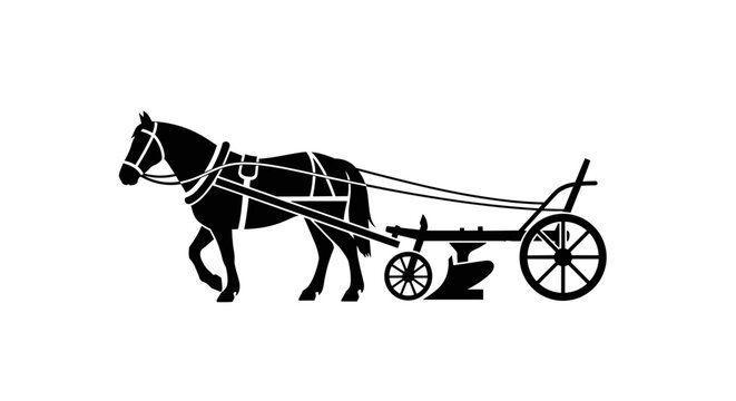 Silhouette of a horse pulling a plow in a field.
