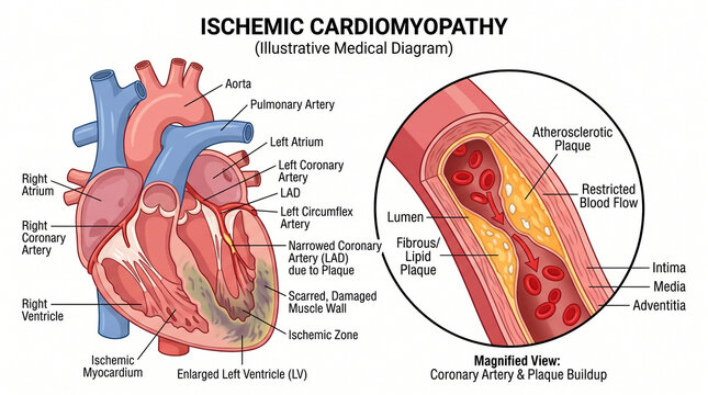 Medical diagram of ischemic cardiomyopathy and coronary artery