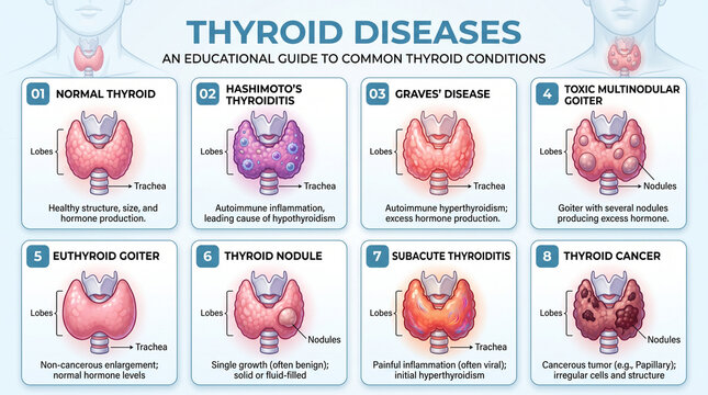 Educational chart illustrating various thyroid diseases with endocrine