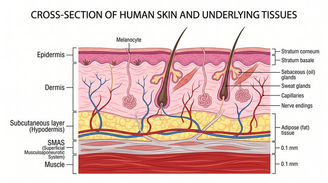 Anatomical cross section of human skin and underlying tissues