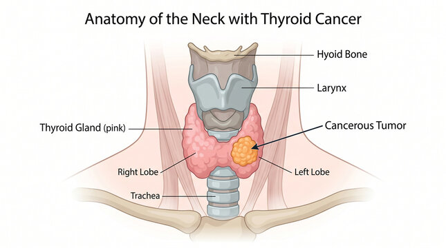 Anatomical illustration of human neck featuring thyroid cancer