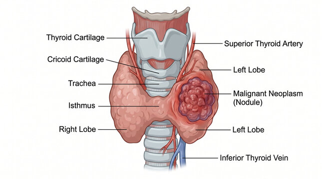 Medical diagram illustrating thyroid malignant neoplasm nodule