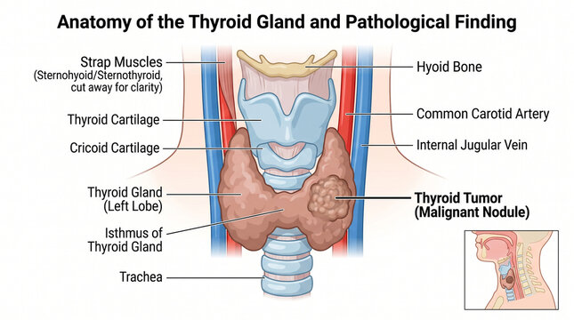 Anatomy of the thyroid gland and pathological malignant tumor finding