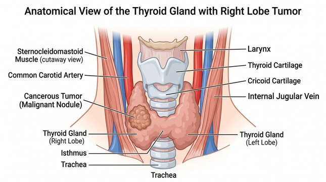 Anatomical diagram of thyroid gland with right lobe malignant tumor