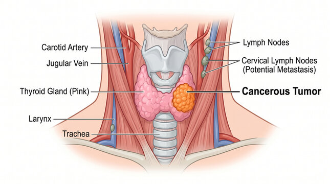 Medical illustration of thyroid gland cancer with lymph node, clinical