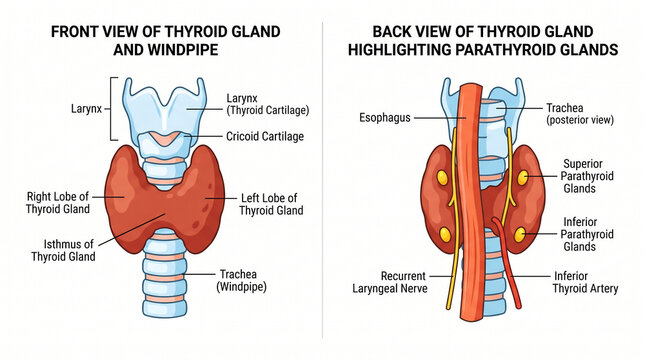 Anatomy diagram showing anterior and posterior views of thyroid gland