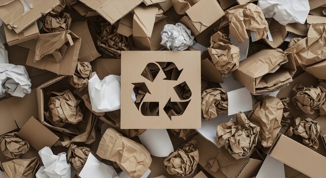A pile of discarded paper and cardboard waste containing a recycling symbol