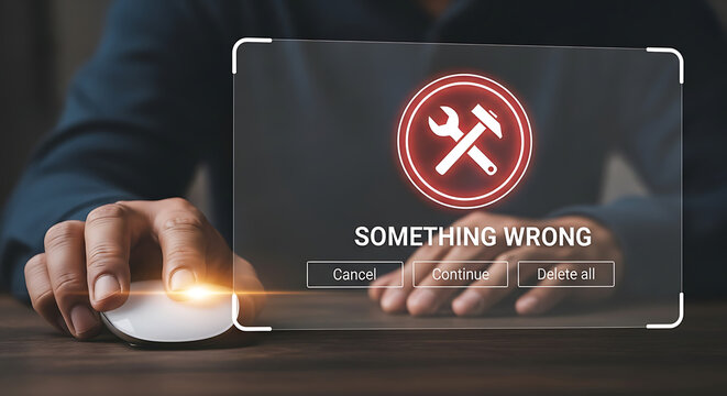 Hacker working on laptop with cybersecurity warning and error message on screen in dark room