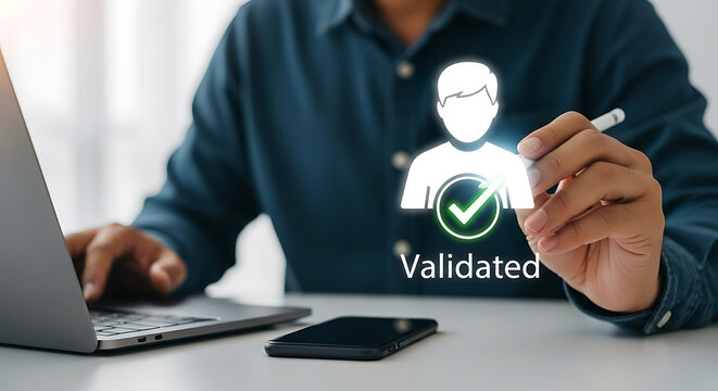 Professional verifying digital identity validation on laptop in modern office setting