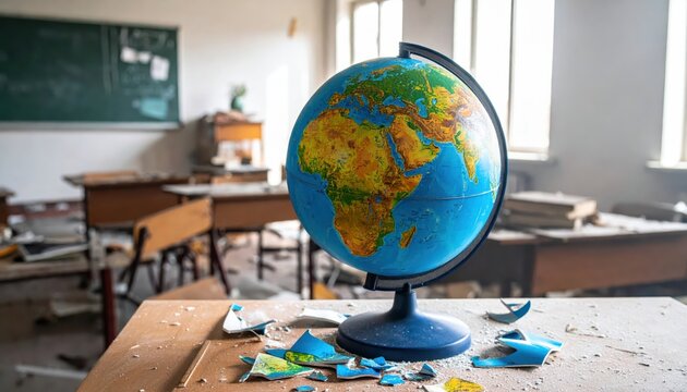 A damaged, fragmented globe sits on a dusty classroom desk, symbolizing a fractured world and the state of education.