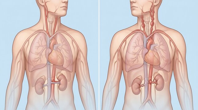 Medical comparison of healthy human circulatory system and arterial aneurysms in the neck and abdomen